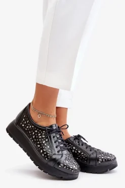 Półbuty Skórzane></noscript>Zazoo 2973 Skórzane Półbuty Na Platformie Z Ażurowym Wzorem Czarne Czarny