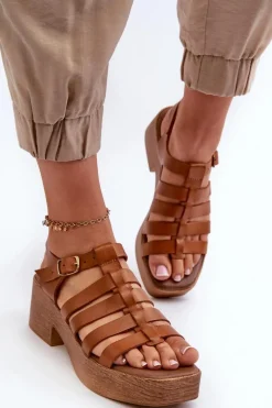 Sandały Na Obcasie>Zazoo 40410 Skórzane Sandały Damskie Brązowe