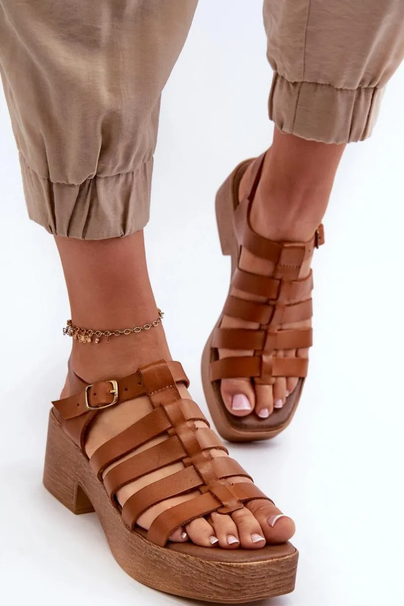 Sandały Na Obcasie>Zazoo 40410 Skórzane Sandały Damskie Brązowe