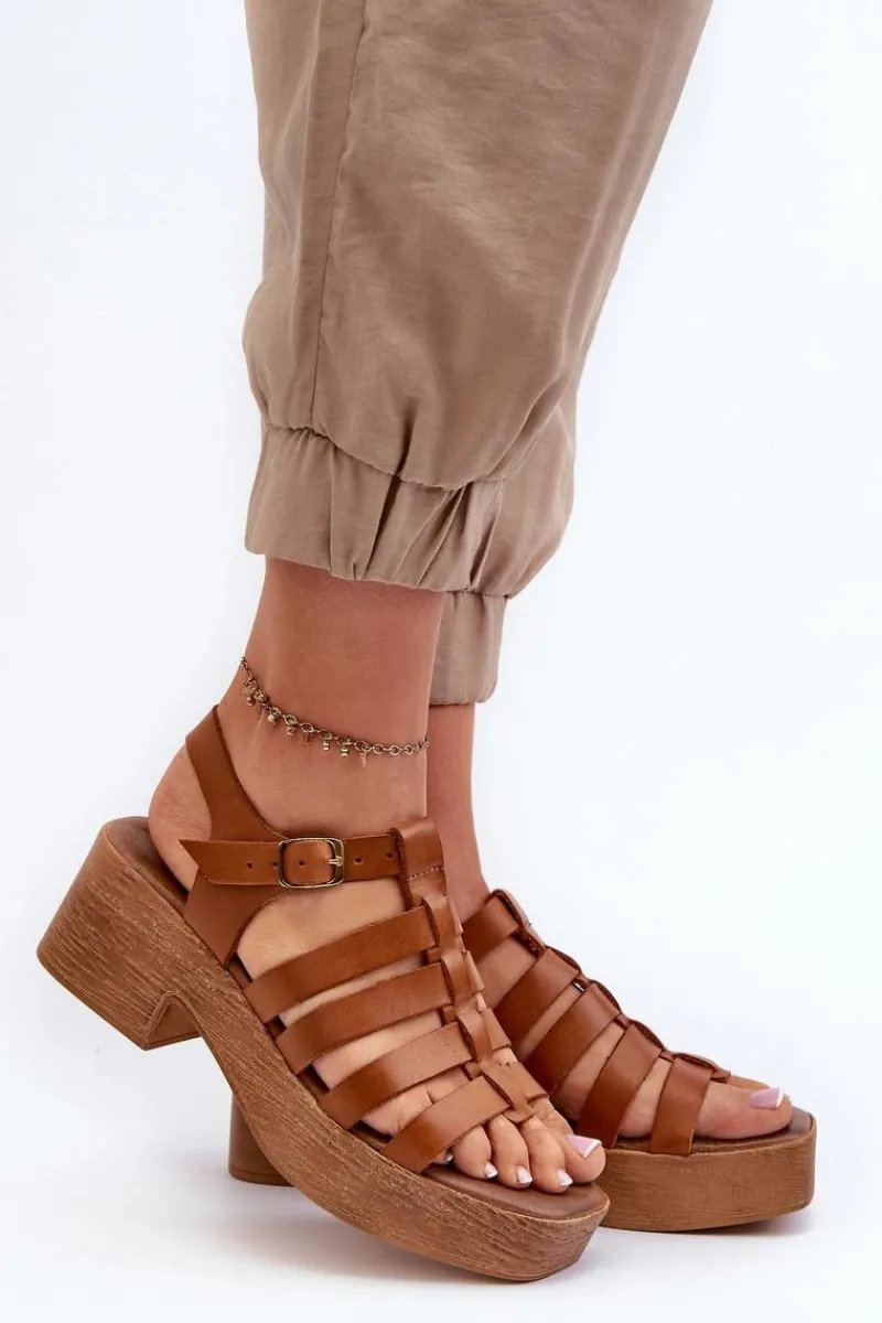 Sandały Na Obcasie>Zazoo 40410 Skórzane Sandały Damskie Brązowe