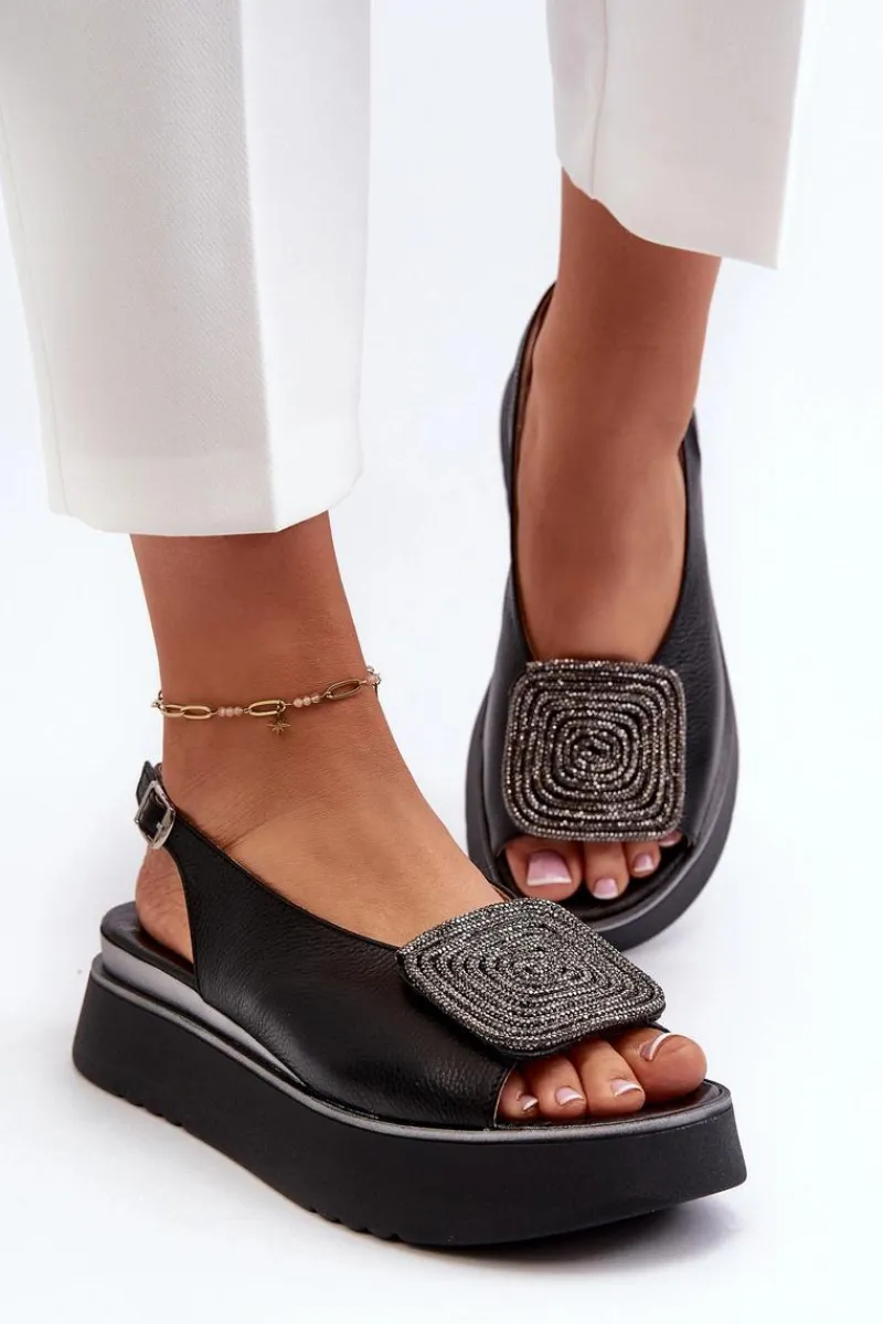 1786 Skórzane Sandały Damskie Na Platformie Z Ozdobą Czarne Damskie Sandały Płaskie