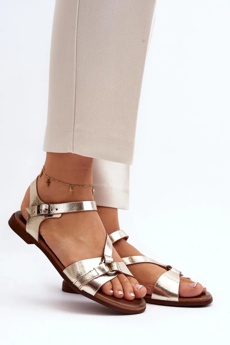 Online 40182 Skórzane Sandały Damskie Złote Damskie Sandały Płaskie