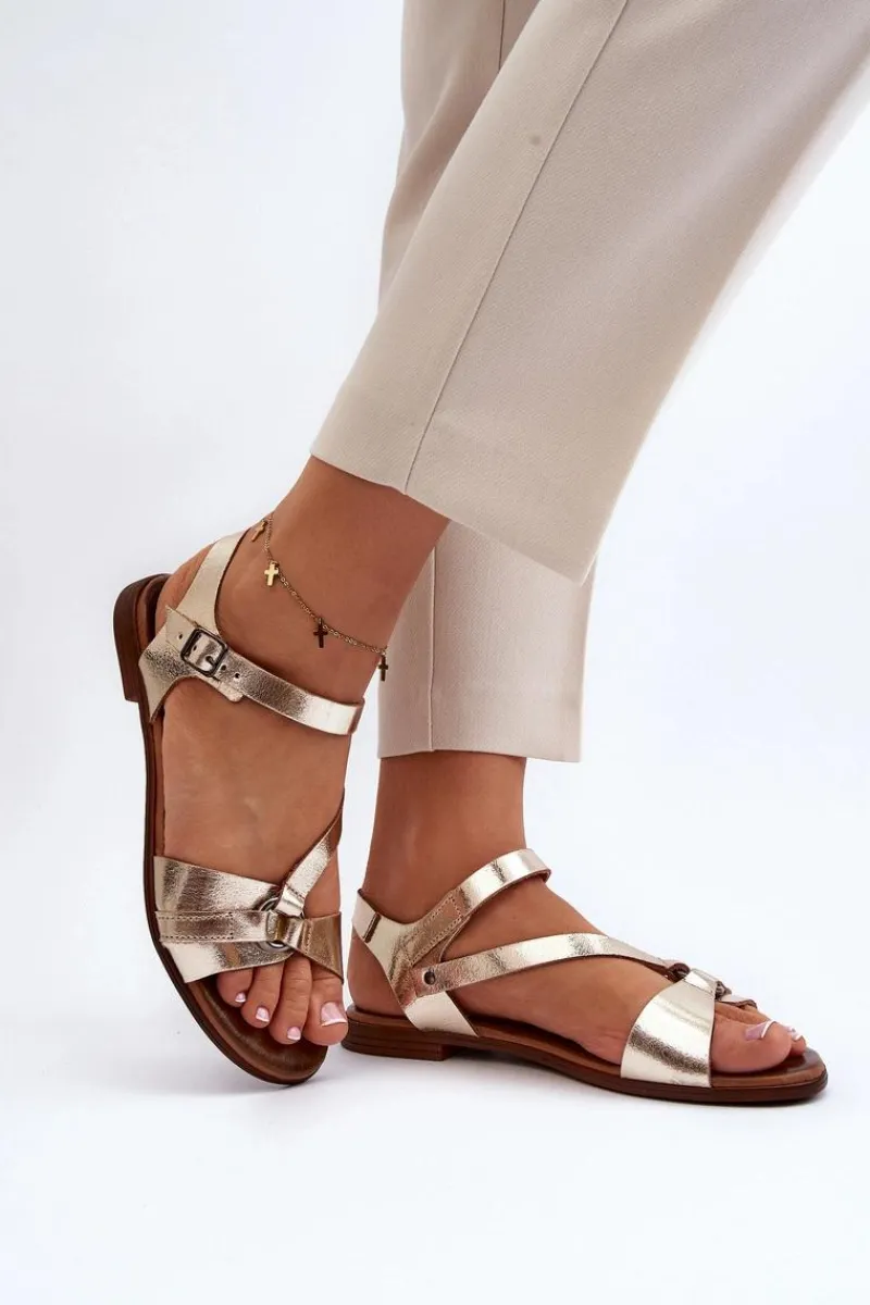 Online 40182 Skórzane Sandały Damskie Złote Damskie Sandały Płaskie