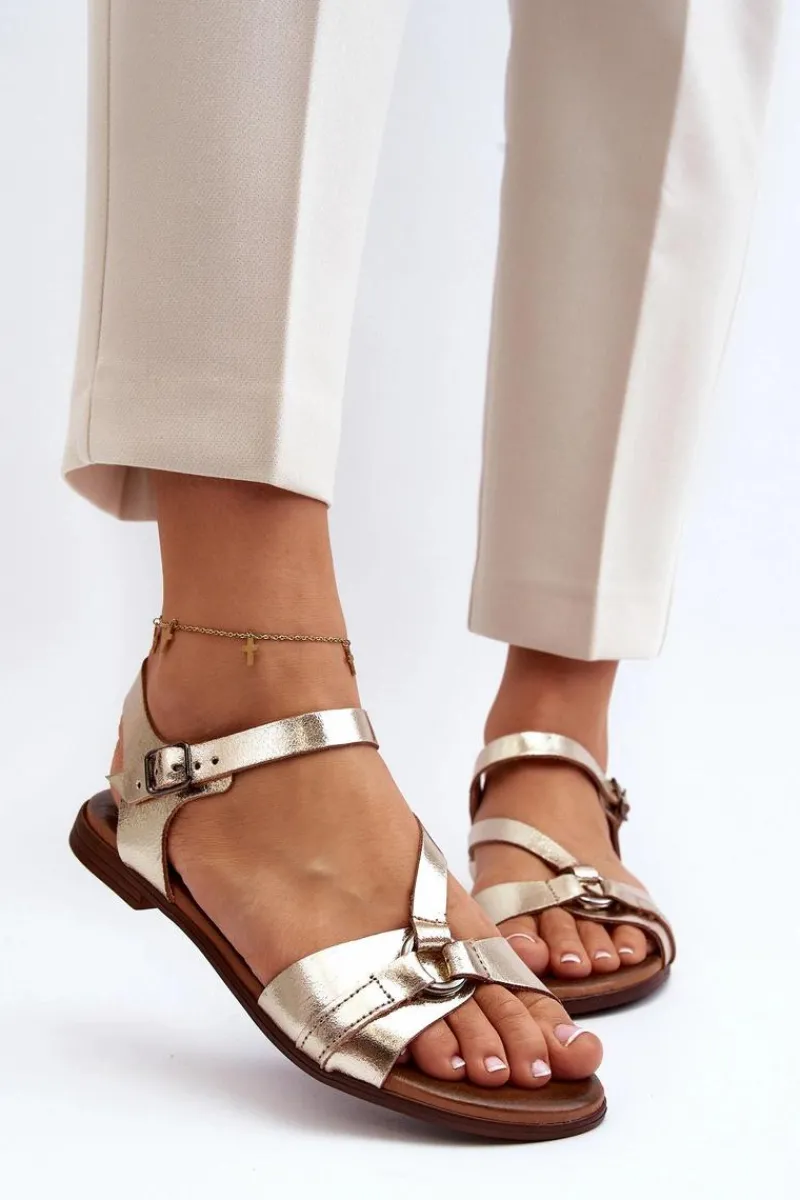 Online 40182 Skórzane Sandały Damskie Złote Damskie Sandały Płaskie