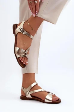 Online 40182 Skórzane Sandały Damskie Złote Damskie Sandały Płaskie