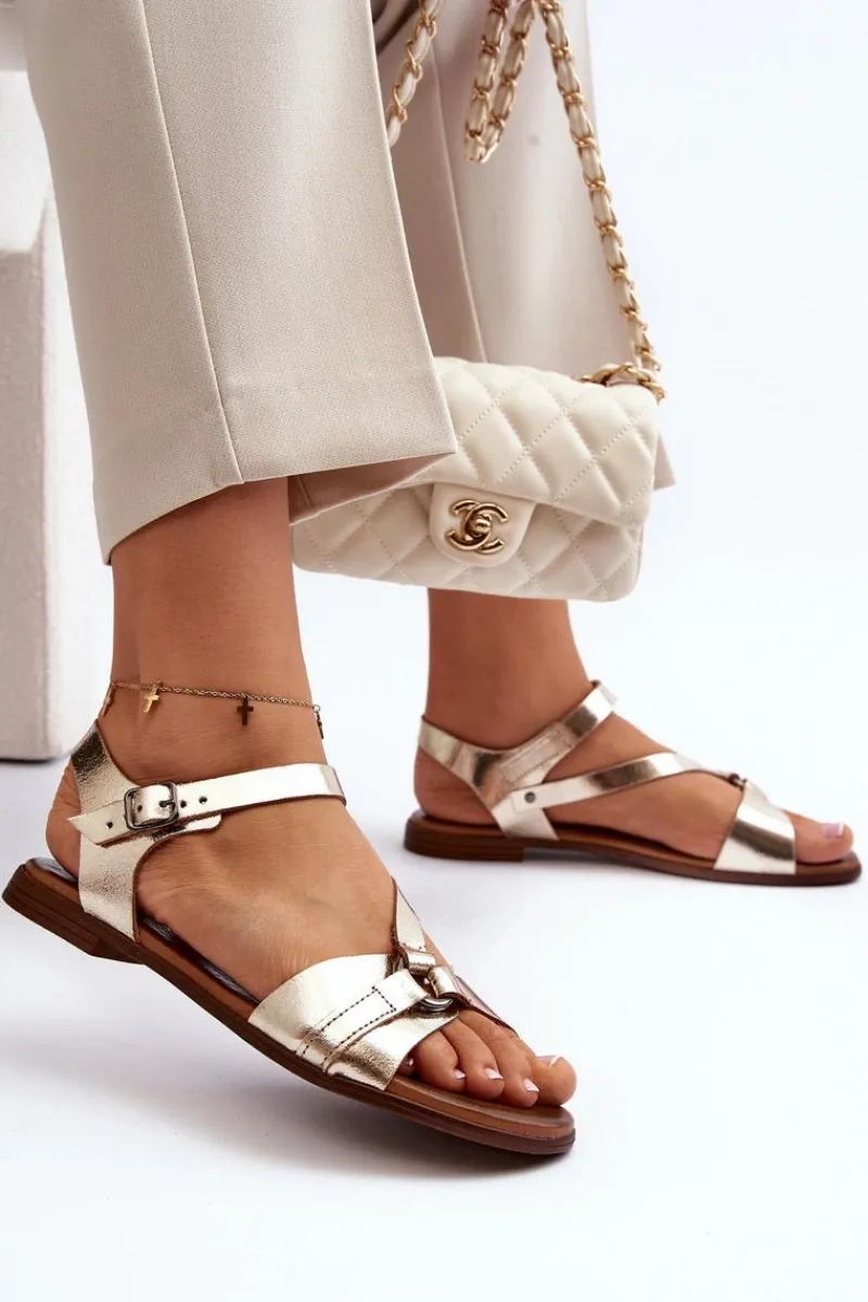 Online 40182 Skórzane Sandały Damskie Złote Damskie Sandały Płaskie