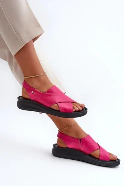 Sandały Na Obcasie|Sandały Na Koturnie>Zazoo 40392 Skórzane Sandały Damskie Fuksja