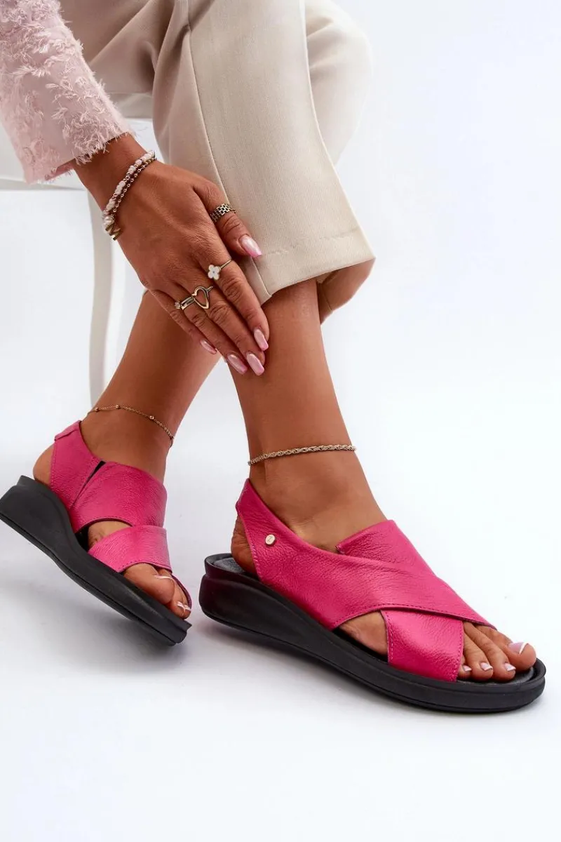 Sandały Na Obcasie|Sandały Na Koturnie>Zazoo 40392 Skórzane Sandały Damskie Fuksja