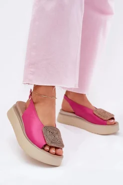 New Zazoo 1786 Skórzane Sandały Damskie Na Platformie Z Ozdobą Fuksja