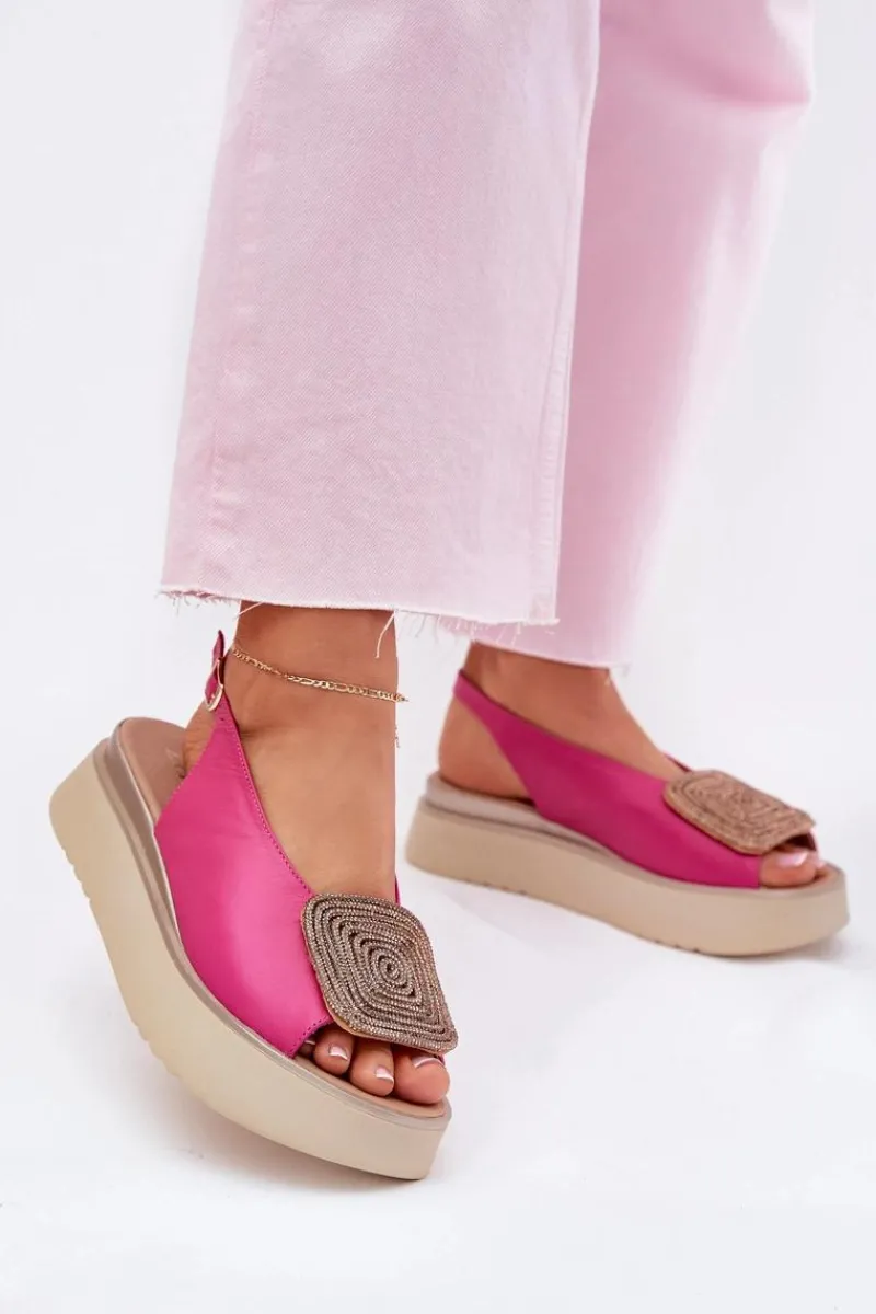 New Zazoo 1786 Skórzane Sandały Damskie Na Platformie Z Ozdobą Fuksja