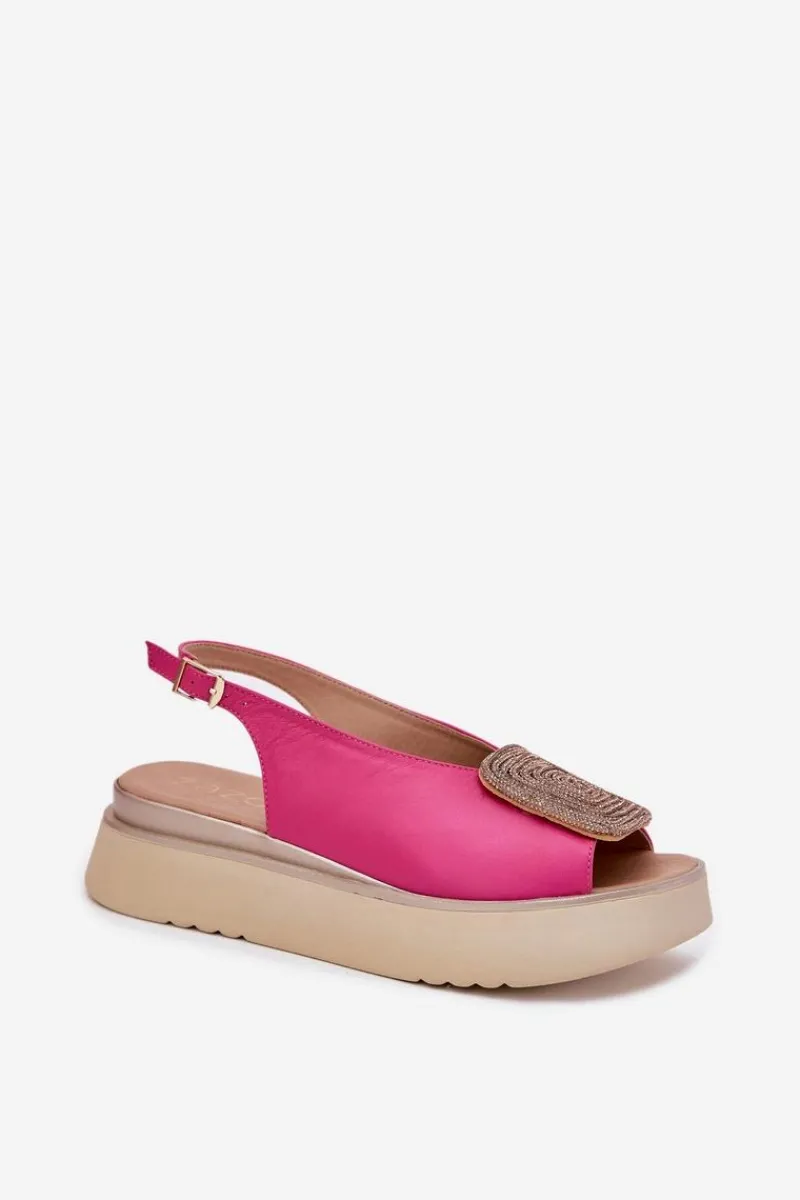 New Zazoo 1786 Skórzane Sandały Damskie Na Platformie Z Ozdobą Fuksja