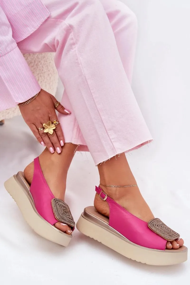 New Zazoo 1786 Skórzane Sandały Damskie Na Platformie Z Ozdobą Fuksja