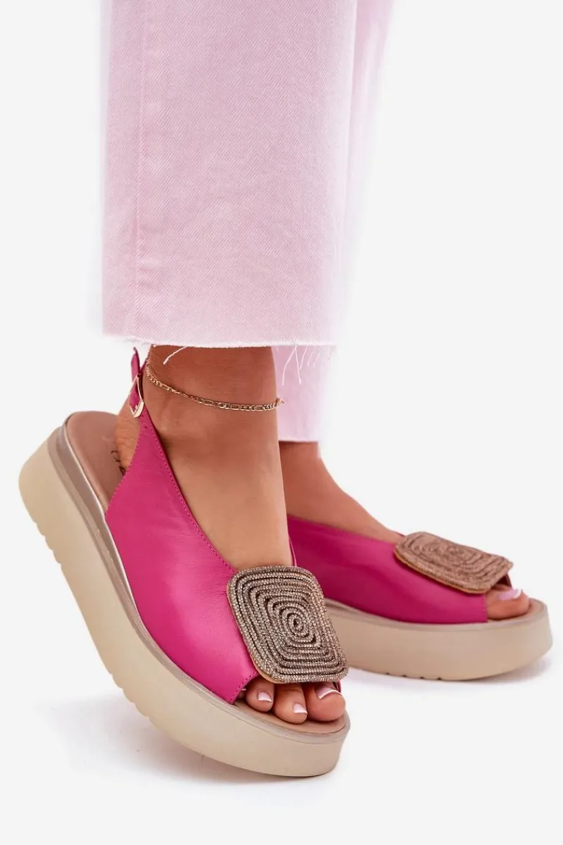 New Zazoo 1786 Skórzane Sandały Damskie Na Platformie Z Ozdobą Fuksja