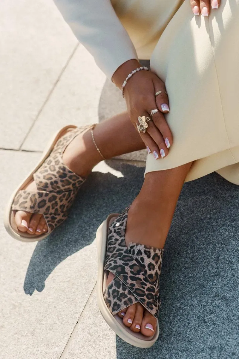 Outlet 40392 Skórzane Sandały Damskie Panterka Brązowe Damskie Sandały Na Obcasie|Sandały Na Koturnie