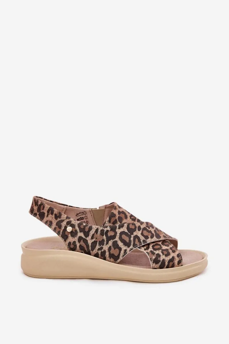 Outlet 40392 Skórzane Sandały Damskie Panterka Brązowe Damskie Sandały Na Obcasie|Sandały Na Koturnie