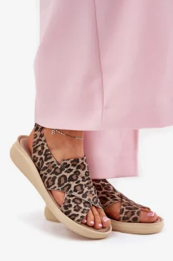 Outlet 40392 Skórzane Sandały Damskie Panterka Brązowe Damskie Sandały Na Obcasie|Sandały Na Koturnie