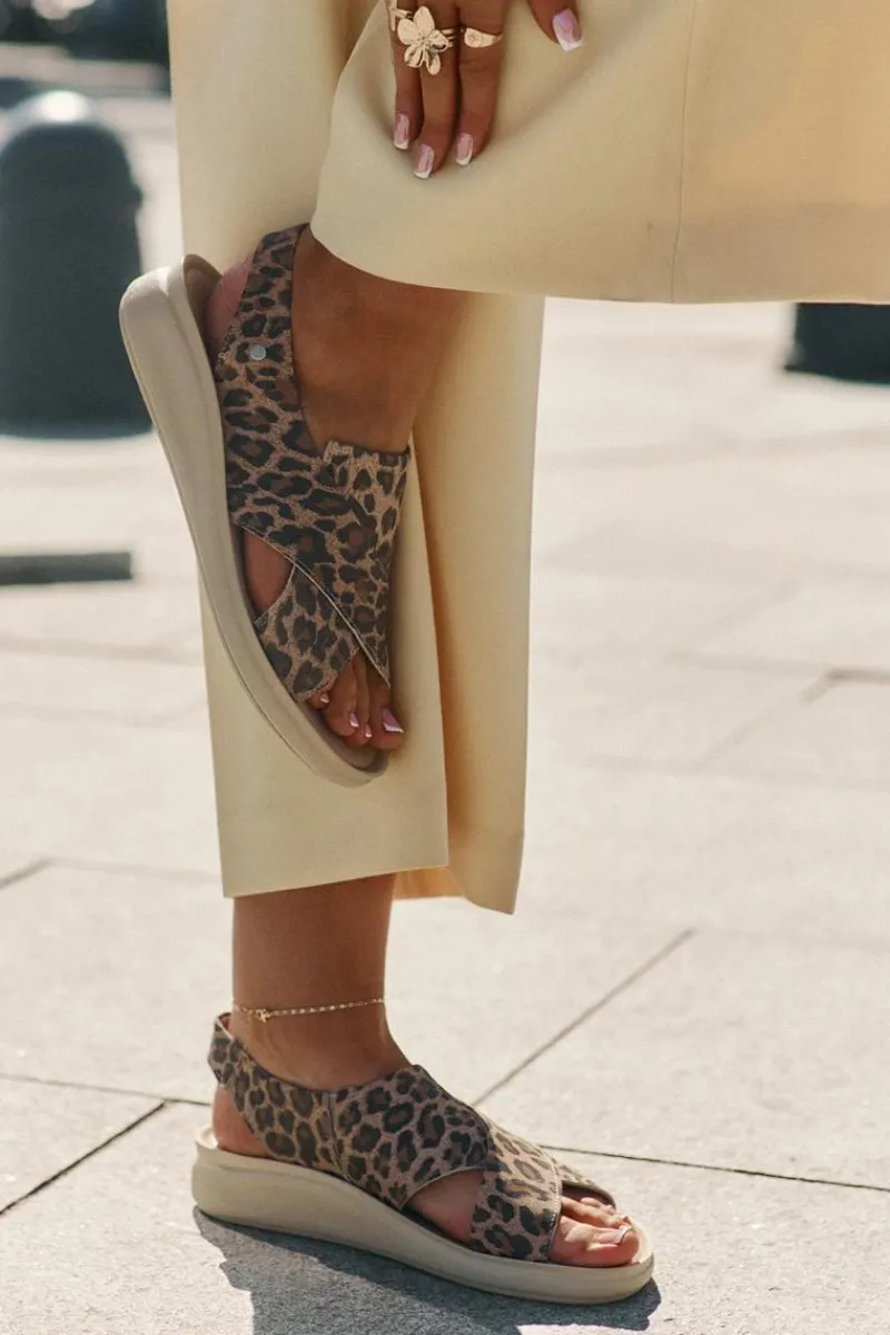 Outlet 40392 Skórzane Sandały Damskie Panterka Brązowe Damskie Sandały Na Obcasie|Sandały Na Koturnie