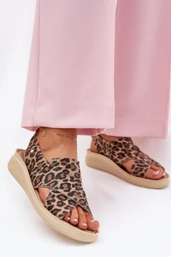 Outlet 40392 Skórzane Sandały Damskie Panterka Brązowe Damskie Sandały Na Obcasie|Sandały Na Koturnie