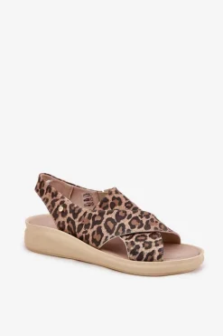 Outlet 40392 Skórzane Sandały Damskie Panterka Brązowe Damskie Sandały Na Obcasie|Sandały Na Koturnie