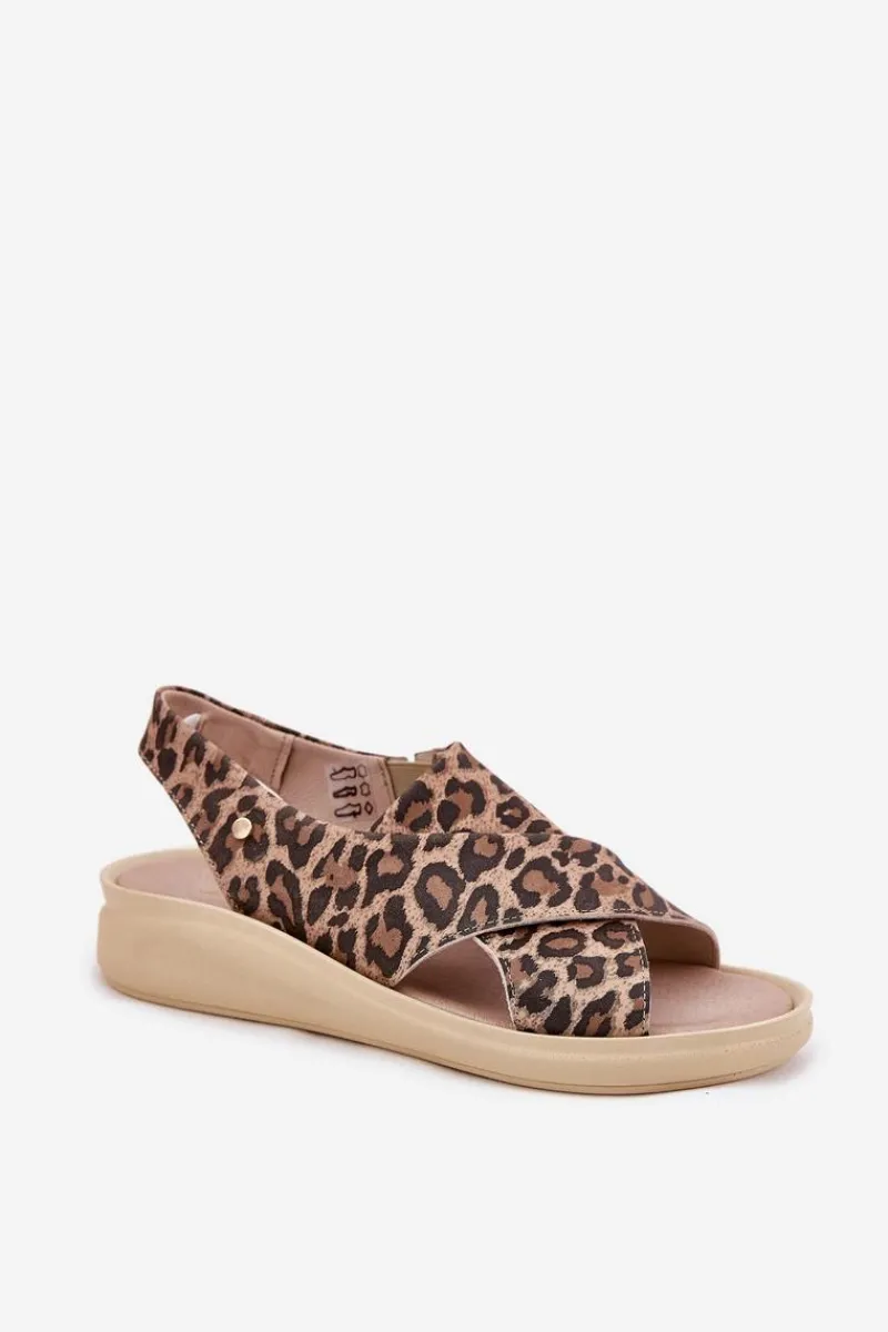 Outlet 40392 Skórzane Sandały Damskie Panterka Brązowe Damskie Sandały Na Obcasie|Sandały Na Koturnie