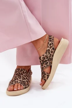 Outlet 40392 Skórzane Sandały Damskie Panterka Brązowe Damskie Sandały Na Obcasie|Sandały Na Koturnie