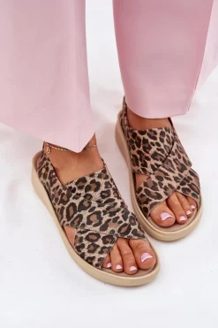 Outlet 40392 Skórzane Sandały Damskie Panterka Brązowe Damskie Sandały Na Obcasie|Sandały Na Koturnie