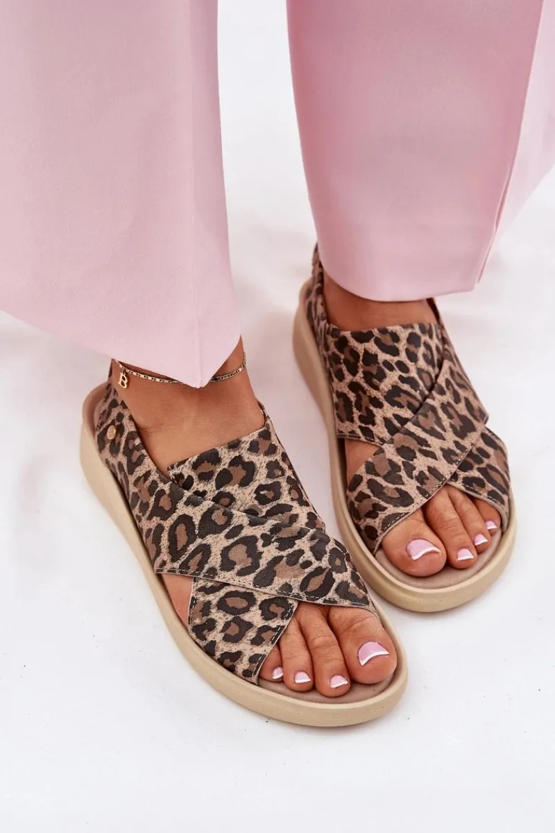 Outlet 40392 Skórzane Sandały Damskie Panterka Brązowe Damskie Sandały Na Obcasie|Sandały Na Koturnie