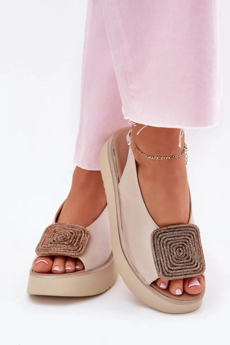 Sandały Płaskie>Zazoo 1786 Skórzane Sandały Damskie Na Platformie Z Ozdobą Perłowy Beż