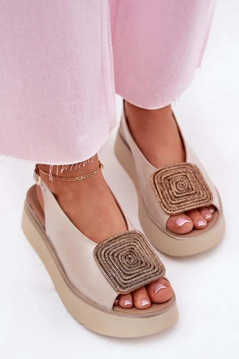 Sandały Płaskie>Zazoo 1786 Skórzane Sandały Damskie Na Platformie Z Ozdobą Perłowy Beż