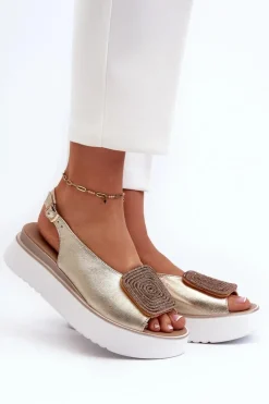 Sandały Płaskie>Zazoo 1786 Skórzane Sandały Damskie Na Platformie Z Ozdobą Złote
