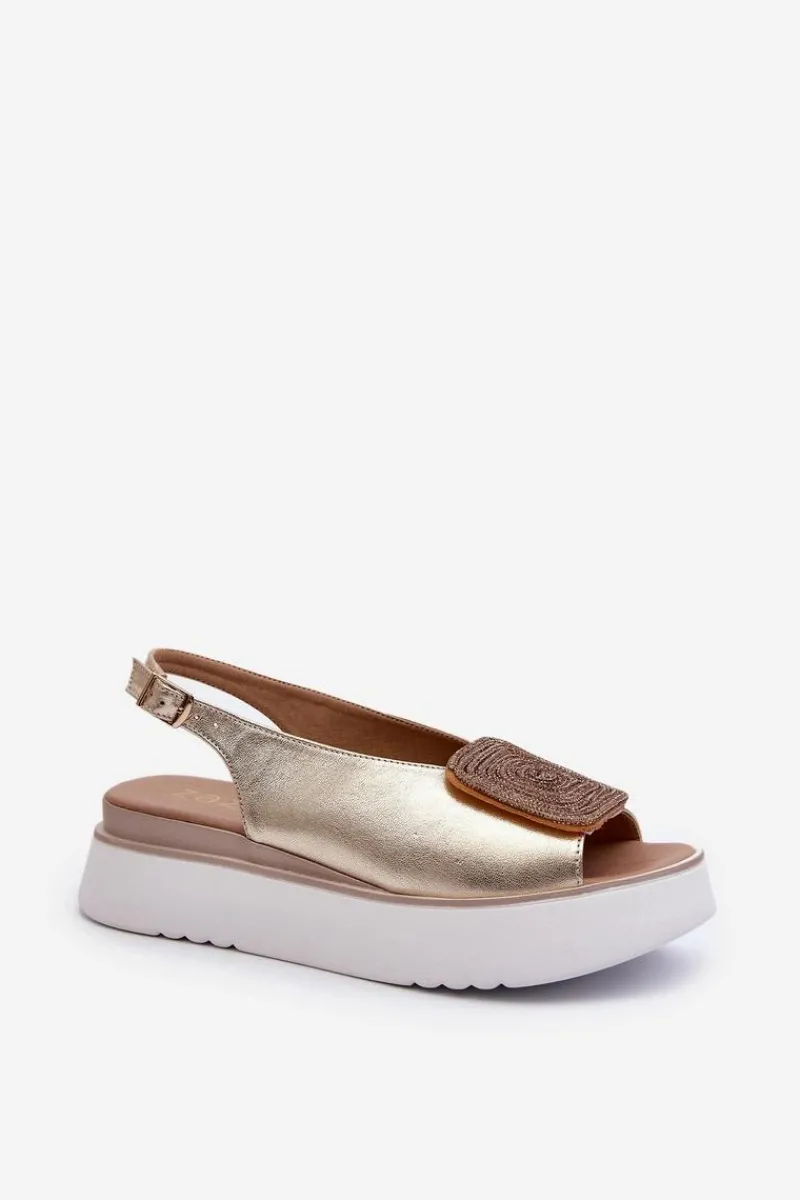Sandały Płaskie>Zazoo 1786 Skórzane Sandały Damskie Na Platformie Z Ozdobą Złote