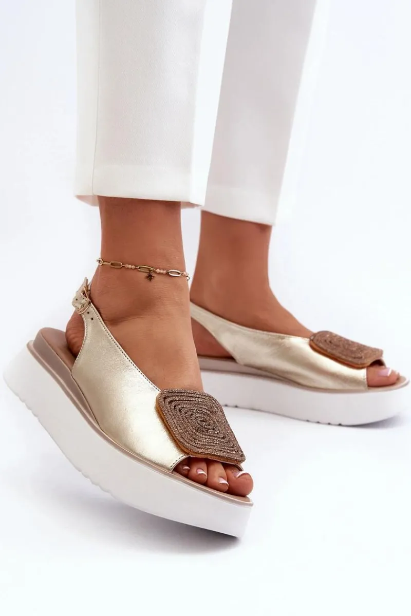 Sandały Płaskie>Zazoo 1786 Skórzane Sandały Damskie Na Platformie Z Ozdobą Złote