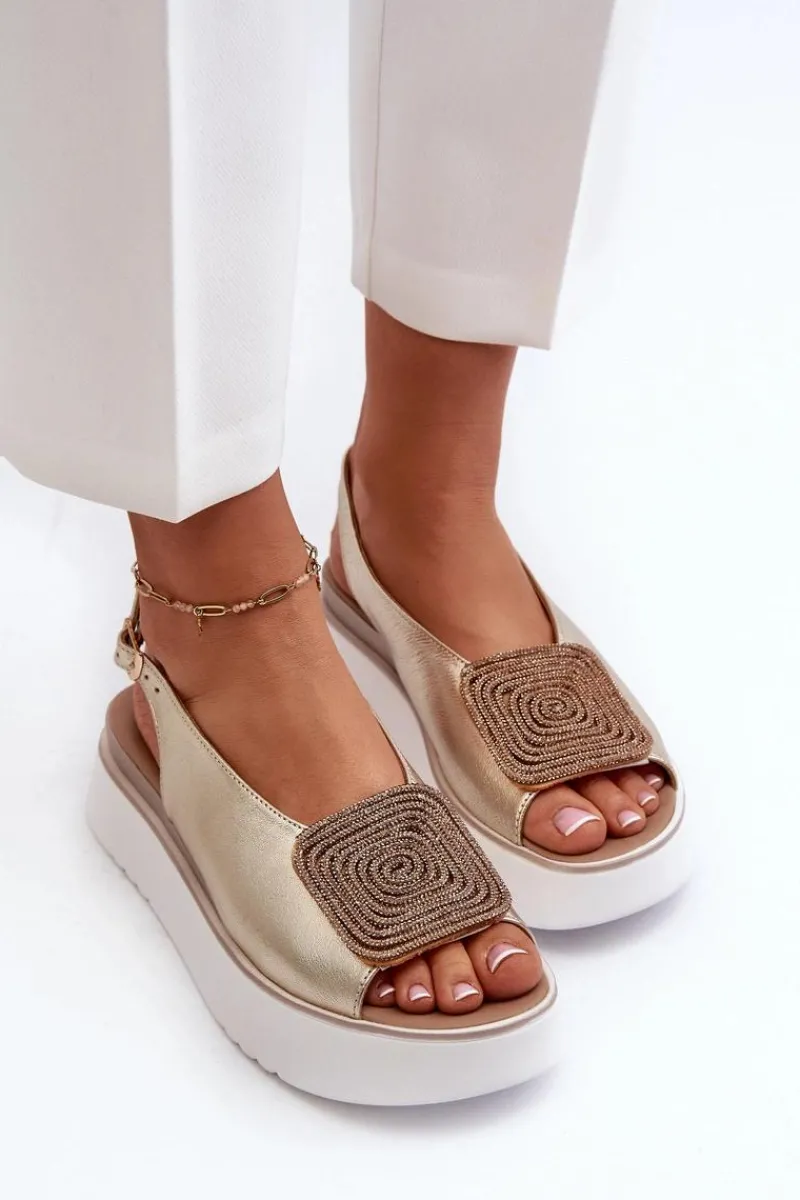 Sandały Płaskie>Zazoo 1786 Skórzane Sandały Damskie Na Platformie Z Ozdobą Złote