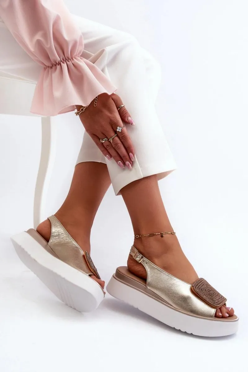 Sandały Płaskie>Zazoo 1786 Skórzane Sandały Damskie Na Platformie Z Ozdobą Złote