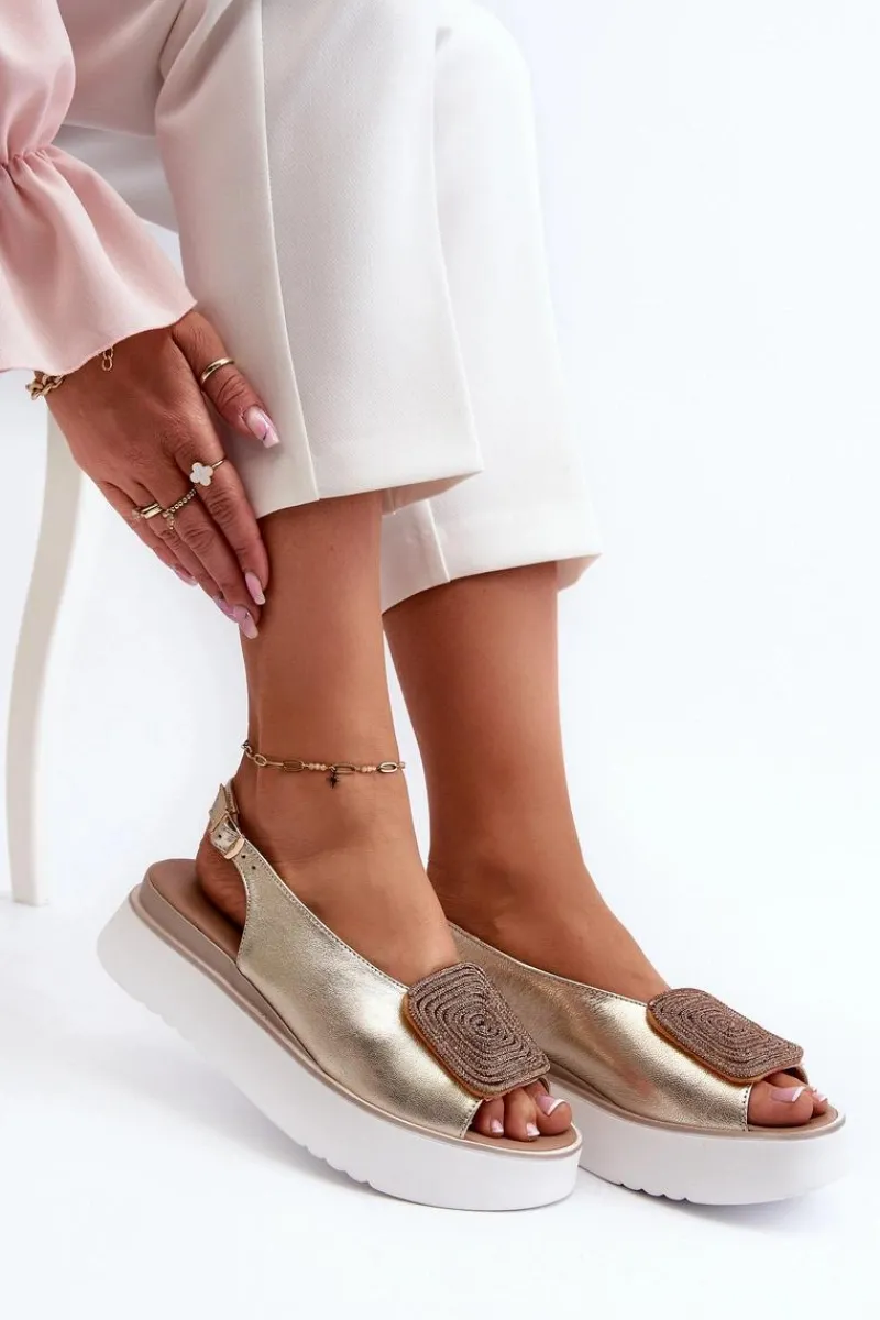 Sandały Płaskie>Zazoo 1786 Skórzane Sandały Damskie Na Platformie Z Ozdobą Złote