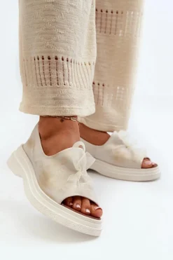 Hot 2939 Skórzane Sandały Damskie Z Kokardką Złoty Przecierany Damskie Sandały Płaskie