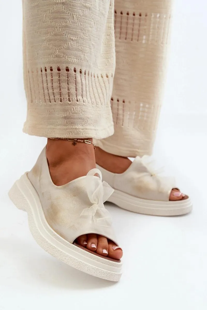 Hot 2939 Skórzane Sandały Damskie Z Kokardką Złoty Przecierany Damskie Sandały Płaskie