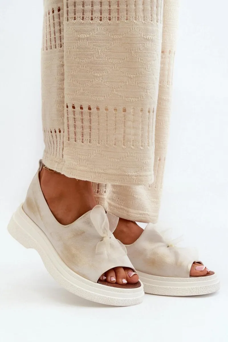 Hot 2939 Skórzane Sandały Damskie Z Kokardką Złoty Przecierany Damskie Sandały Płaskie