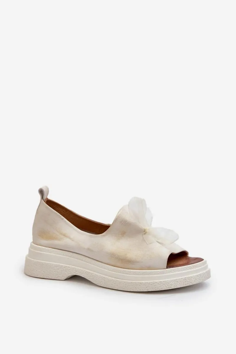 Hot 2939 Skórzane Sandały Damskie Z Kokardką Złoty Przecierany Damskie Sandały Płaskie