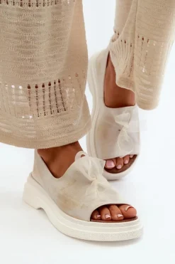 Hot 2939 Skórzane Sandały Damskie Z Kokardką Złoty Przecierany Damskie Sandały Płaskie