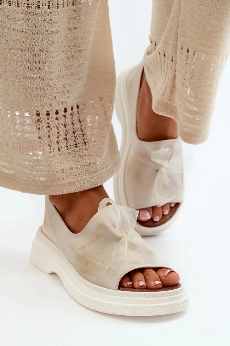 Hot 2939 Skórzane Sandały Damskie Z Kokardką Złoty Przecierany Damskie Sandały Płaskie