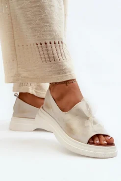 Hot 2939 Skórzane Sandały Damskie Z Kokardką Złoty Przecierany Damskie Sandały Płaskie