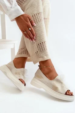 Hot 2939 Skórzane Sandały Damskie Z Kokardką Złoty Przecierany Damskie Sandały Płaskie