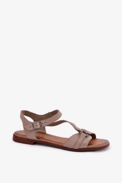 40182 Skórzane Sandały Damskie Ciemnobeżowe Damskie Sandały Płaskie