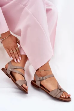 40182 Skórzane Sandały Damskie Ciemnobeżowe Damskie Sandały Płaskie