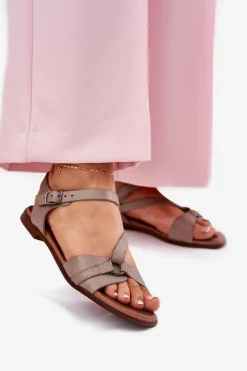 40182 Skórzane Sandały Damskie Ciemnobeżowe Damskie Sandały Płaskie