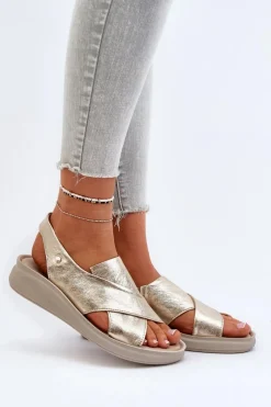 Sandały Na Obcasie|Sandały Na Koturnie></noscript>Zazoo 40392 Skórzane Sandały Damskie Złote