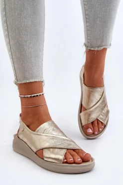 Sandały Na Obcasie|Sandały Na Koturnie></noscript>Zazoo 40392 Skórzane Sandały Damskie Złote