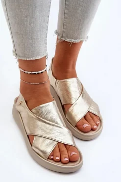 Sandały Na Obcasie|Sandały Na Koturnie></noscript>Zazoo 40392 Skórzane Sandały Damskie Złote