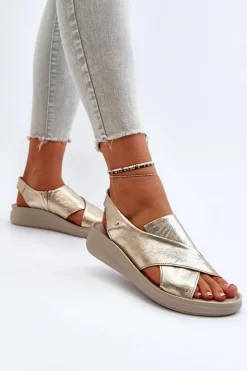 Sandały Na Obcasie|Sandały Na Koturnie></noscript>Zazoo 40392 Skórzane Sandały Damskie Złote